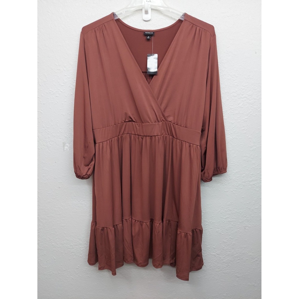 Torrid Dress Womens 2 Brown Root Beer Mini Studio Tiered Surplice NWT Flowy